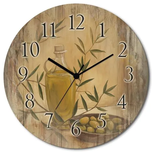 ARTLAND Wanddeko Wanduhr Holz ohne Tickgeräusche Quarzuhr lautlos rund Ø 30 cm Küchenuhr Oliven Zitronen T4HV
