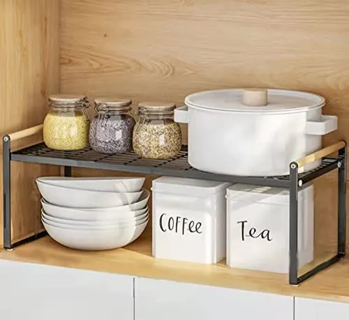 HGYZE Küchenregal Arbeitsplatte Organizer, Gewürzregale Stehend, Metall & Holz Stapelbarer Regal, Regaleinsatz für Küchenschrank Geeignet für Zuhause & Küche - 50 * 21 * 20 Tischregal (Schwarz)