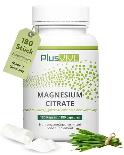 PlusVive Magnesiumcitrat Kapseln hochdosiert I 1x 180 Kapseln I 700mg Trimagnesiumdicitrat & 120mg reines Magnesium pro Kapsel I mit Papain & Spirulina I Nahrungsergänzungsmittel vegan & laborgeprüft