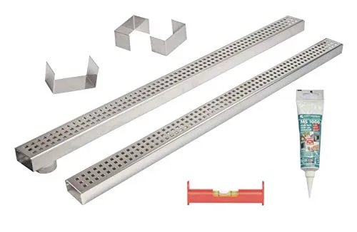 2er Rinnenset Poolrinnen V4A superflach mit 1 Rinne mit Stutzen,1 Rinne geschlossen, 2 Endstücke,1 Verbinder,1 Dichtmittel,1 Schnurwasserwaage