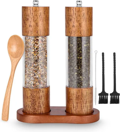 SinLaw Gewürzmühle 2 Salz- und Pfeffermühlen aus Holz, Gewürzmühle mit Keramikmahlwerk, (1 Stück), mit untersetzer, pfeffermühle peugeot