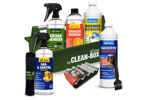 bio-chem Küchenreiniger Premium Set 10-teilig - Allzweckreiniger-Set für strahlende Sauberkeit in der Küche! Enthält Spezialreiniger für Ofen, Geschirrspüler und Kalk, sowie praktisches Zubehör für müheloses Reinigen.