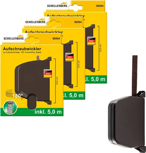 SCHELLENBERG Aufputz-Gurtwickler Aufschraubwickler für das Rollladensystem Mini, Gurtbreite 14 mm, Set, 3-tlg., schwenkbar, mit vormontiertem Rollladengurtband, braun oder weiß