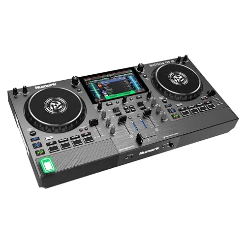 Numark Mixstream Pro Go - Tragbarer DJ-Controller mit Akku - DJ Controller für mobile DJs mit integriertem Lautsprecher und WLAN-Streaming; mixe über 100 Millionen Songs ohne Laptop dank Standalone-Funktion und 7 Zoll Touchscreen.