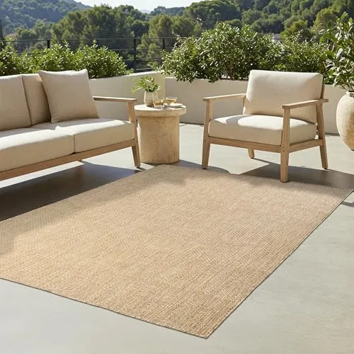 TAPISO Yucana Teppich Outdoor Flachgewebe Robust UV-beständig Wetterfest In-& Outdoor Teppich Balkon Terrasse Garten Küchenteppich Creme Beige Meliert Modern 140 x 200 cm