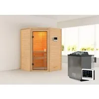 Woodfeeling Sauna Antonia mit 9 kW Bio-Ofen und Glastür