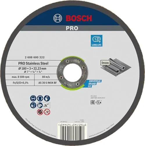 Bosch 1x PRO Stainless Steel Longlife Trennscheibe für große Winkelschleifer und 22,23‑mm-Bohrung (für Edelstahl, Ø 180 mm, Professional Zubehör Großer Winkelschleifer)