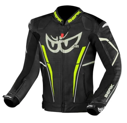 Berik Street Pro Evo Motorrad Lederjacke, schwarz-grau-gelb, Größe 56 - Motorradjacke aus hochwertigem Rindsleder mit Hartschalen Protektoren und Perforation für optimale Belüftung, ideal für Sicherheit und Komfort beim Fahren.