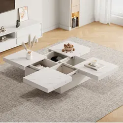 Couchtisch Quadratisch Weiß Aus Spanplatte, Marmor-optik, 90 X 90 Cm, 4 Schubladen, Verschiebbare Tischplatte