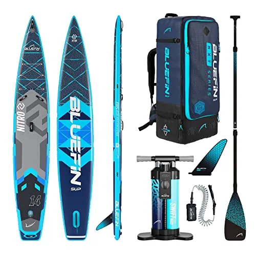Bluefin SUP Nitro 14' - Aufpumpbares Stand-Up-Paddleboard mit Carbonpaddel - Renn-SUP mit patentierten reflektierenden D-Ring-Befestigungen für Sicherheit. Inklusive umfangreichem Zubehör und umweltfreundlicher Produktion - für jeden Kauf pflanzen wir einen Baum.