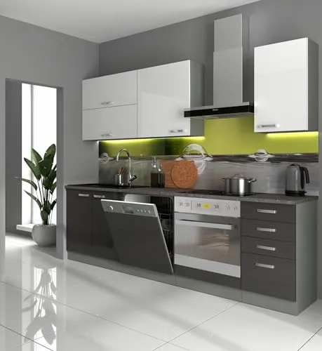 Küche Bianca Basic IV 240 Küchenzeile - Moderne Hochglanz Küche in Grau und Weiß, bietet praktischen Stauraum und ist durch Ergänzungsschränke beliebig erweiterbar - ideal für jedes Zuhause.