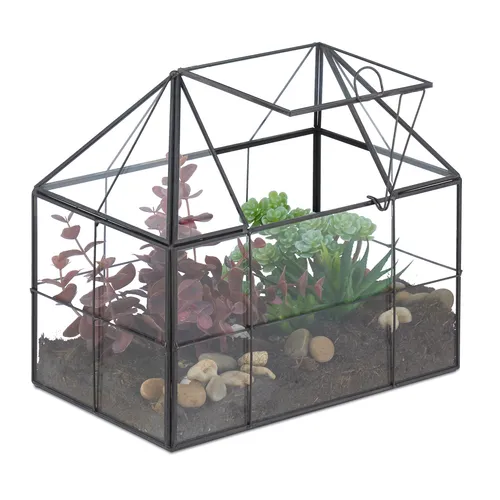 relaxdays Gewächshaus Pflanzenterrarium aus Glas, Hausform, Schwarz - Dekoratives Pflanzenterrarium in Hausform für stilvolle Indoor-Gärten. Ideal für Sukkulenten und Moos, schafft ein perfektes Mikroklima und passt auf jede Fensterbank.