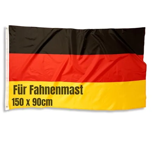 Deutschland Flagge 150 x 90 cm für Fahnenmast mit Messing-Ösen, Deutschlandfahne, Wetterfeste strapazierfähige Hissfahne aus Polyester Fußballflagge