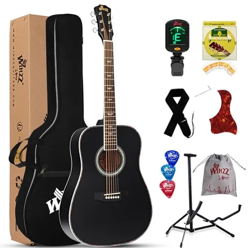 Winzz Schwarz Akustikgitarren 4/4, Anfänger Gitarren 41 Zoll mit Gitarrentkoffer, Stimmgerät, Gurt, Plektren, Extra Saite und Gitarrenständer