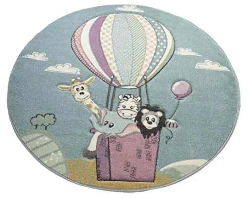CARPETIA Teppich Kinderzimmer Kinderzteppich Babyteppich Jungen Heißluftballon Tiere blau Größe 120 cm Rund