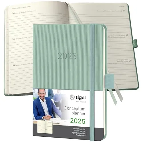 SIGEL C2573 Wochenplaner Wochenkalender 2025, ca. A6, grün, Hardcover, 176 Seiten, Gummiband, Stiftschlaufe, Archivtasche, aus nachhaltigem Papier, Conceptum
