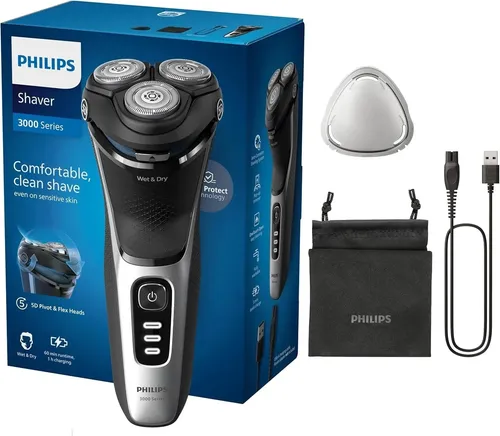 Philips Shaver 3000 Series S3241/12 - Silber Rotationsrasierer, bewegliche Klingen, 60 Min. Betriebszeit, inkl. Trimmer und Schnellladefunktion