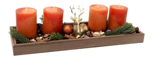 ZauberDeko Adventsgesteck Weihnachten Deko Tablett Holz Hirsch Gold Kerze Orange Tischdeko 40cm