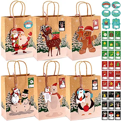 Evance Geschenktüten Weihnachten Weihnachtstüten, 24 Papiertüten Weihnachten mit Griff + 24 Weihnachtsanhänger + 33 Weihnachtsaufklebern, Geschenktüten Weihnachtsverpackungen, 23x9x18cm
