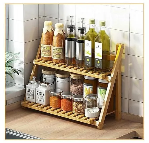 Dreamhousey Küchenspeicherregal Haushaltsarbeitsplatte Gewürzregal, 2-Etagen multifunktionales Gewürzregal Einfacher moderner Blumenregal Bambus Holz Organizer (Holz Farbe, M)