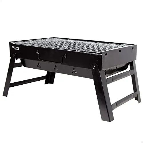 AKTIVE Tisch-Holzkohlegrill, Tragbar, Stahl, Schwarz, Rechteckig, Zusammenklappbar, 50x30x23 cm, Mit Tragegriff, Leicht zu transportieren, Campinggrill, Terrasse, Balkon, Holzkohlegrills, BBQ (63032)