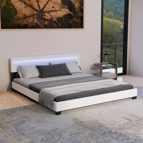 Juskys Polsterbett Paris 180x200 cm mit LED Beleuchtung - Betten - Trendiges Doppelbett mit LED Kopfteil für gemütliche Nächte, stabiler Lattenrost und pflegeleichte Kunstleder-Oberfläche.