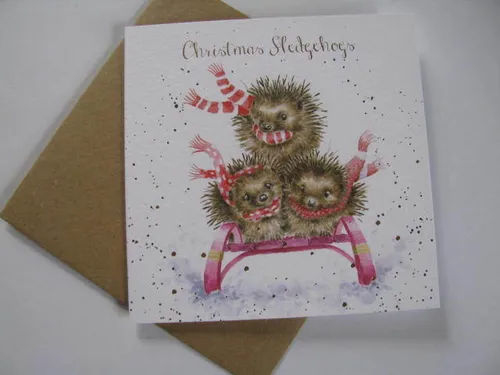 Wrendale Design Klappkarte Grußkarte drei Igel auf dem Schlitten Weihnachten
