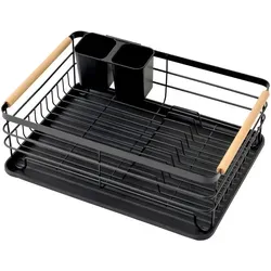 CHEFGASTRO Abtropfgestell Geschirr | Platzsparendes Design aus Stahl und Holz - Spülenzubehör mit kompaktem Design (14x42x30cm), rostfreier Stahlkonstruktion und integriertem Besteckhalter für eine stilvolle und praktische Lösung in kleinen bis mittleren Küchen.