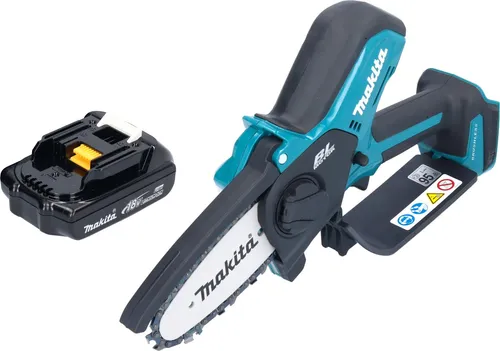 Makita DUC 101 Y01 Akku Astsäge 18 V mit 1,5 Ah Akku - Kompakte Akku Astsäge für effizientes Arbeiten im Garten. Mit bürstenlosem Motor, werkzeugloser Kettenspannung und automatischer Kettenschmierung für einfache Handhabung und hohen Komfort.