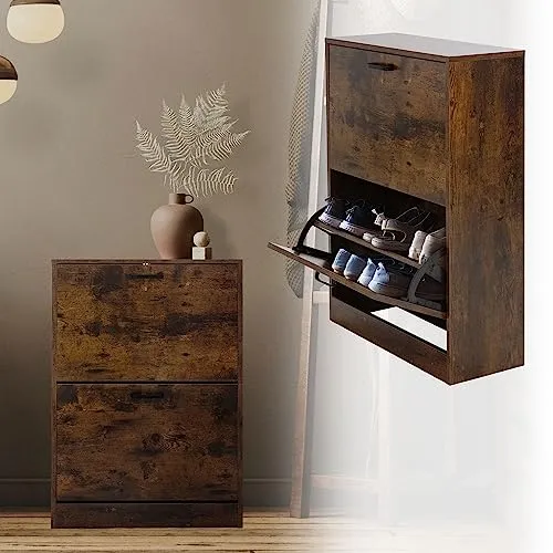 ML-Design Schuhschrank mit 2 Klappfächern, Dunkelbraun, 60x24x84 cm, Vintage, schmal, Schuhkipper für 12 Paar Schuhe, Schuhregal für Eingangsbereich, Flur, Schuhaufbewahrung Schuhkommode Schuhablage