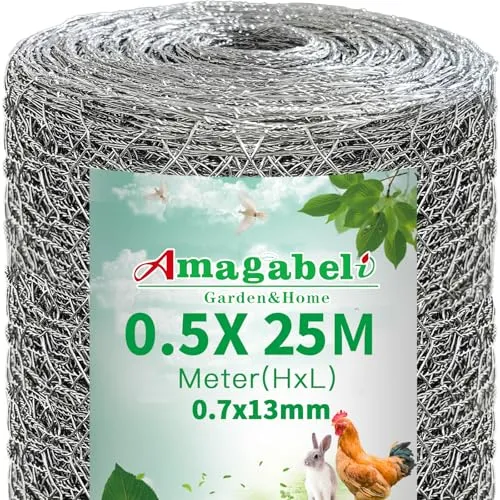 Amagabeli Verzinkter Maschendrahtzaun 50cm x 25m | 0,7mm Drahtstärke | 13mm Sechseck-Maschen | Für Hühnerzaun, Kaninchengehege & Wildschutz | Feinmaschiges Hasengitter​
