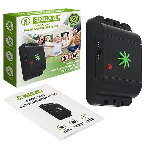 ISOTRONIC mobiler Hundeschreck Katzenschreck mit Ultraschall - Haustierabwehr & Wildtierabwehr - Effektiver Ultraschallvertreiber mit extra hohen Tönen und Wechselfrequenz, ideal für Garten und Garage, um Hunde und Katzen umweltfreundlich fernzuhalten.