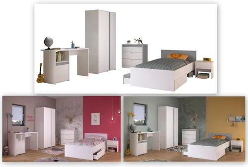 Parisot Jugendzimmer-Set Pirouette, 6-tlg. in Weiß - Stylisches Jugendzimmer-Set, bestehend aus Bett, Kleiderschrank und Schreibtisch, ideal für kreative Räume. Pflegeleicht und einfach selbst zu montieren.