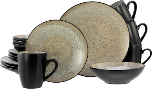 CreaTable Kombiservice 16-tlg Malmö Beige - Kombiservice aus edlem Steinzeug im skandinavischen Design, spülmaschinen- und mikrowellengeeignet, mit einzigartiger reaktiver Glasur für individuelle Stücke.