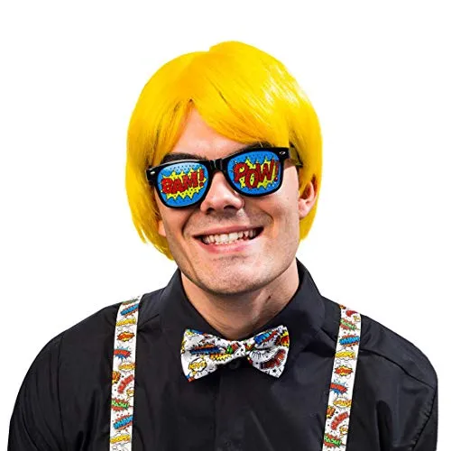NET TOYS Auffälliges Accessoire-Set Pop Art mit Brille, Fliege & Hosenträger | Einheitsgröße | Knalliges Unisex-Kostüm-Zubehör Comic Strip | Bestens geeignet für Mottoparty & Fastnacht