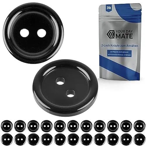 Knöpfe für Bekleidung, 24 Stück, 2-Loch, Ø 17,8 mm, in Schwarz, aus Polyester, Größe 28L, Harzknöpfe für Jacke, Mantel, Hemd, Poloshirt, DIY Knopf Kunstharz, Wäscheknöpfe, Basis Button, Bastelknöpfe