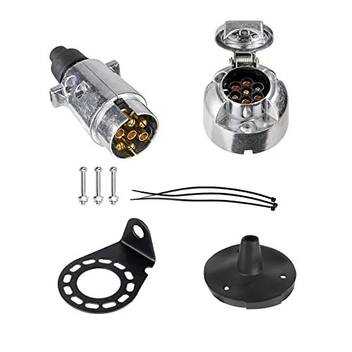 BEIJISTAR Anhängerstecker & Steckdose 7 Polig Metall mit Gummidichtung und Metallhalterung, 12V Wasserdichter 7 Poliger Anhängerstecker und Steckdose, für LKW RV Anhänger Zubehör (Aluminiumlegierung)