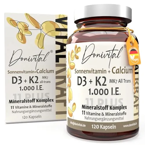 Vitamin D3 1000 I.E. + K2 MK7 All-Trans + hochaktives Calcium. Vitamin D3 K2 Kapseln - 11 Vitalstoffe für Knochen, Muskeln, Stoffwechsel und Immunsystem - 120 Stück - Vegan