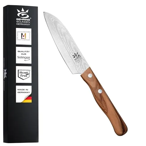 Solingen Look Damast Santokumesser 11 cm I scharfes Profi Küchenmesser I eisgehärter Damaststahl VG10 I ergonomischer Olivenholzgriff I Damastmesser I Made in Germany