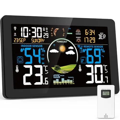 VIFLYKOO Wetterstation Funk mit Außensensor, Thermometer & Hygrometer, Wettervorhersage, Luftdruck, DCF Funkuhr, VA-Display, Batterie- & Netzbetrieb, für Innen & Außen, Schwarz