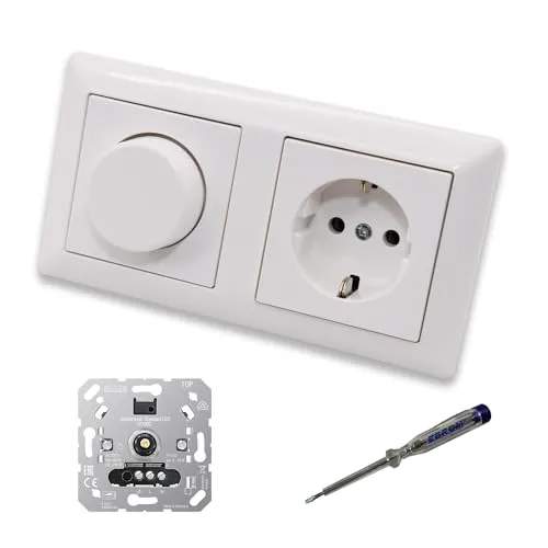 EBROM SET IDEE: JUNG 1730DD LED Drehdimmer Dimmer + Dimmerscheibe A1740WW und Steckdose A1520WW in alpinweiß glänzend inklusive EBROM Phasenprüfer zur Montage der Geräte u.A. 1730 DD