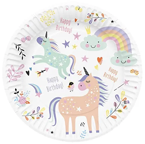 Folat 61927 Paper Party Tableware Pappteller Rund Ø 23cm Unicorns & Rainbows 23cm - 8 Stück Einweggeschirr Teller für Geburtstagsfeier, Babyparty, Hochzeit, Brautparty