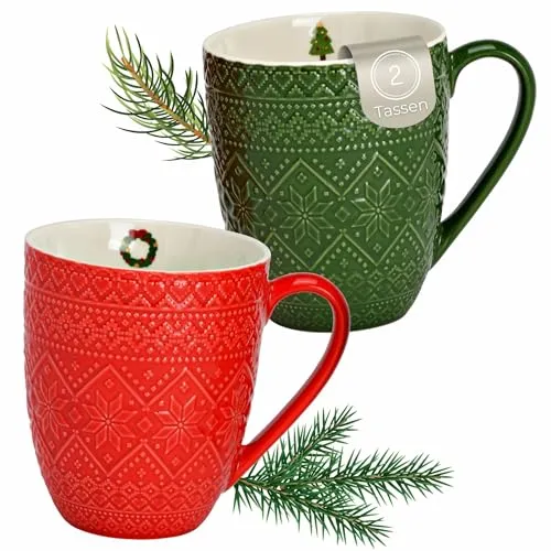 Kaffeetassen 2er Set in Rot & Grün mit Winter Design - Jumbo Weihnachts-Tassen aus Porzellan 410 ml