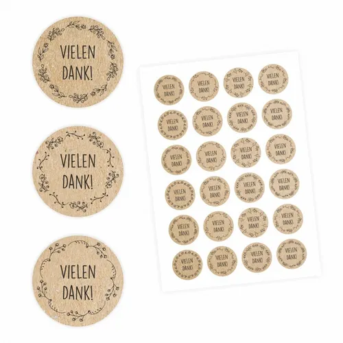 Vielen Dank! Aufkleber - Floral Kraftpapieroptik - rund 4 cm Ø - Dankesticker 24