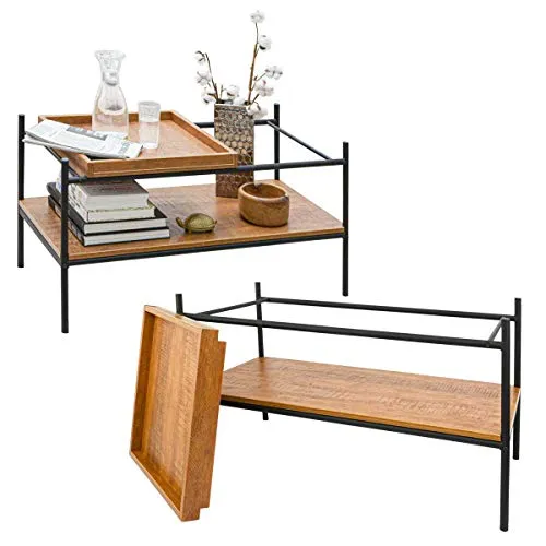 DuneDesign Vintage Couchtisch mit Holz Tablett - 90x44 - Beistelltisch fürs Wohnzimmer mit abnehmbarem Tablett für flexible Nutzung. Stylish im Industrial Design aus Metall und Holz, ideal für Pflanzen und Deko.