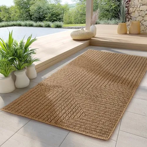 Carpettex Indoor Outdoor Teppich wetterfest, robust, pflegeleicht im natürlichen Jute-Look, ideal für Wohnzimmer, Küche, Terrasse, Garten und Balkon, 80x250 cm