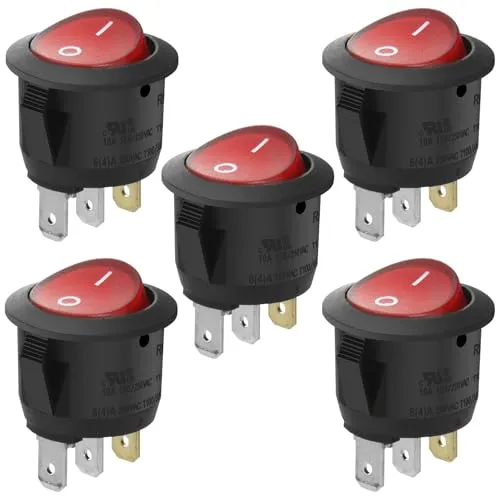 Heschen Runder Wippschalter EIN-AUS SPST 3 Klemmen Rotes Licht 10A 250VAC 5Pack