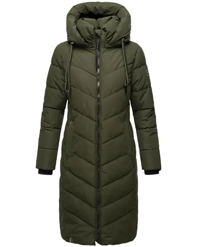 Navahoo Damen Wintermantel Sahnekatzii XIV Dark Olive, Gr. XS - Funktionsjacke mit modischer V-Steppung, abnehmbarer Kapuze und versteckten Reißverschlusstaschen – ideal für kalte Tage!
