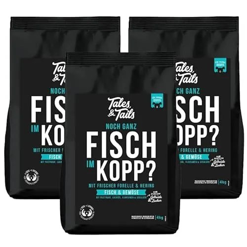Tales & Tails Fisch Im Kopp Halbfeuchtes Trockenfutter für Hunde - Getreidefrei - Hochwertiges Hundefutter mit 60% Fisch als Proteinquelle. Ideal für empfindliche Hunde und Allergiker, fördert eine hohe Akzeptanz und Verträglichkeit. Lieferung in 3x4kg Packungen.