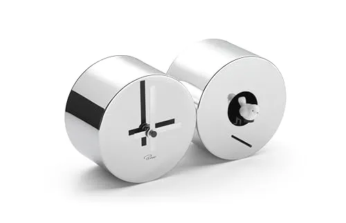 Philippi CUCOLO Kuckucksuhr - Moderne Kuckucksuhr aus verchromtem Stahl mit geräuschlosem Uhrwerk. Perfekt für stilvolle Wohnräume, bietet sie stündliches Gezwitscher und ist nachts abstellbar.